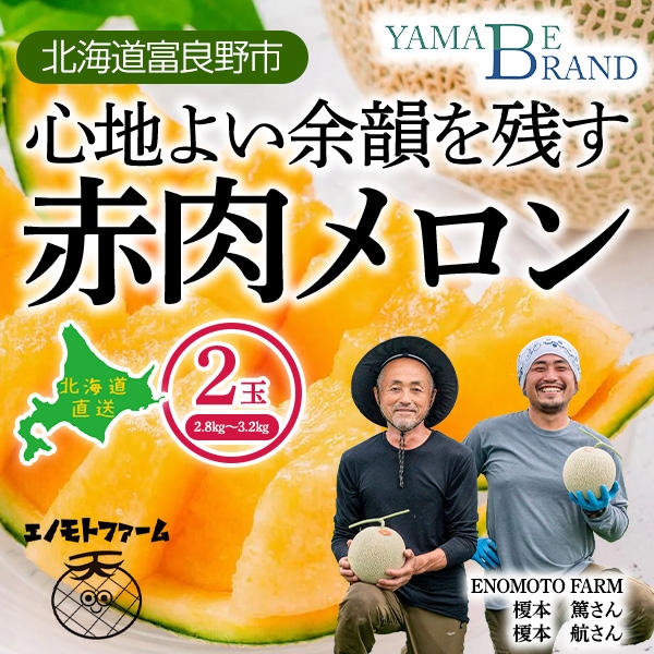 予約販売】7月中旬より順次発送予定【送料込】北海道富良野市の山部地区からお届け【榎本農園】「こだわり農法」で作った富良野メロン　2玉で2.8㎏～3.2㎏